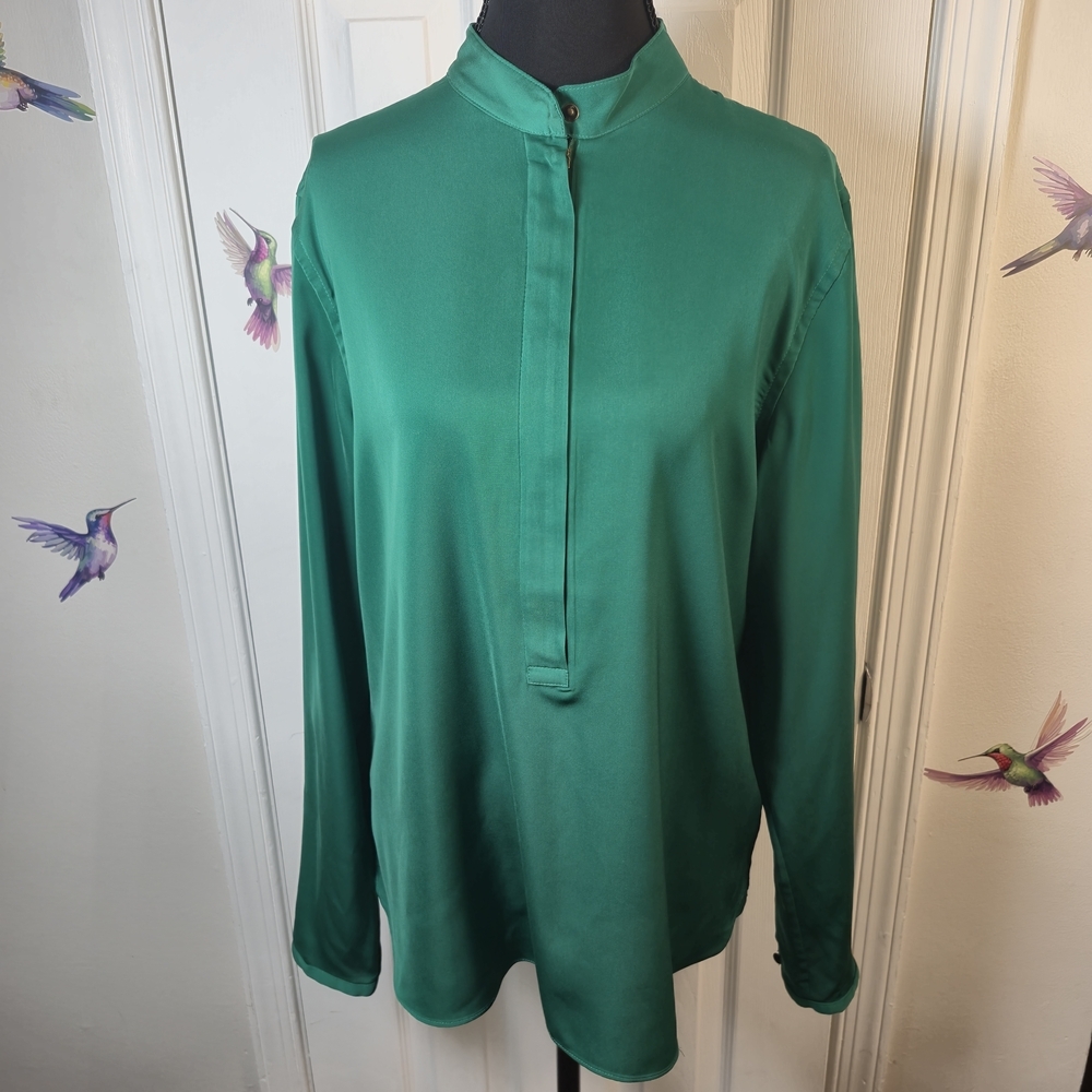 Lauren Ralph Lauren Emerald Green Satin Blouse Band Collar Half Zip Officecore L - Picture 4 of 9
